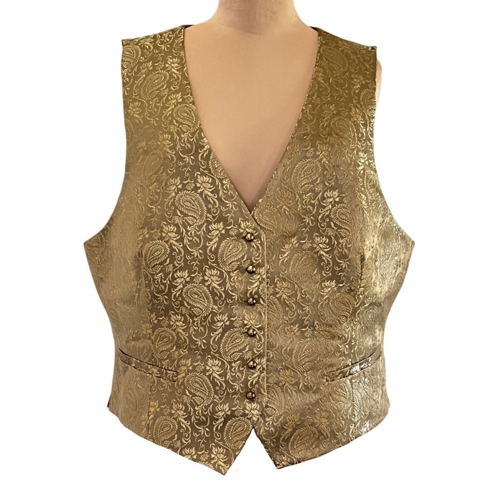 Lauren Ralph Lauren Gold Brocade Silk Blend Metallic Button Vest Women's Size 16
